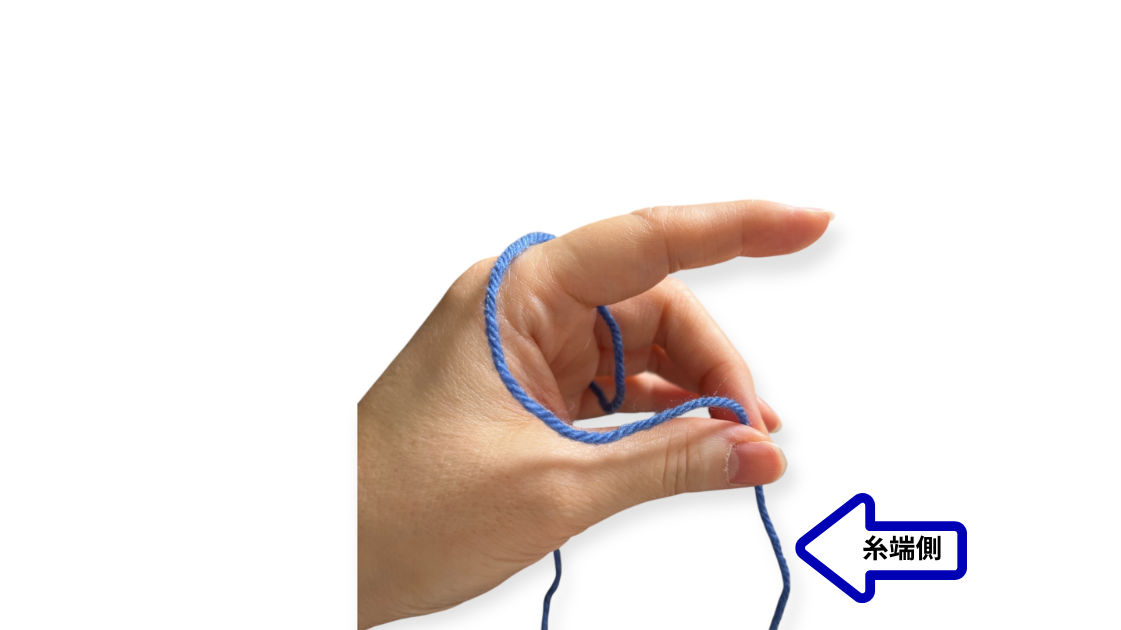 人差し指の周りで毛糸がたるみすぎて張り具合がゆるゆるの状態を横から見た画像