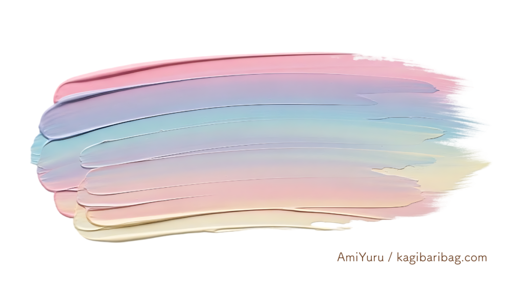 色見本を表現した絵の具タッチの画像。色はパステルカラーのピンク・紫・ブルー・黄色が虹のように描かれている。