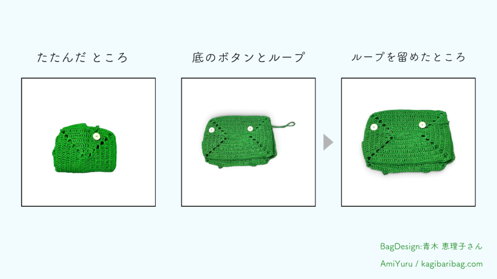 使ってみた|たためる? どれくらい入る?、の章。エコバッグをたたんだところ、底のループとボタン、ループを留めたところの画像